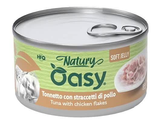 Oasy wet cat natury soft jelly tonnetto con straccetti di pollo lattina 85 g