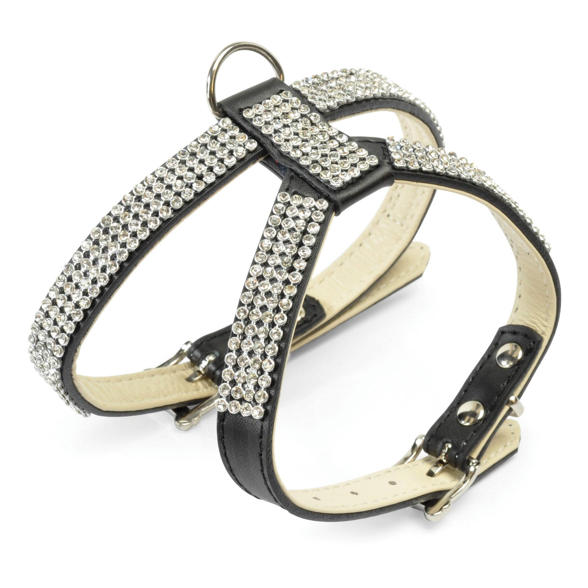 Guinzaglio + pettorina in pelle con strass black 1