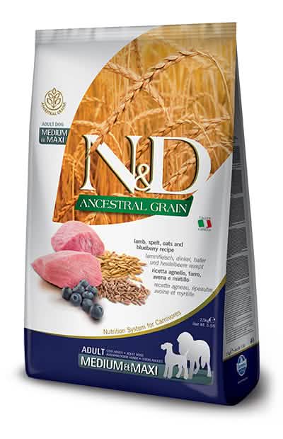 N&d dog ancestral lamb&blueberry adult medium maxi 2,5 kg