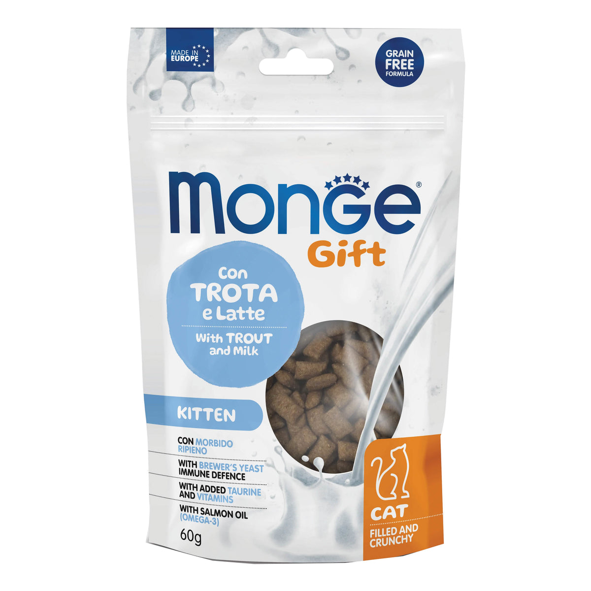 Monge cat filled and crunchy gift gattino con trota e latte 60 g