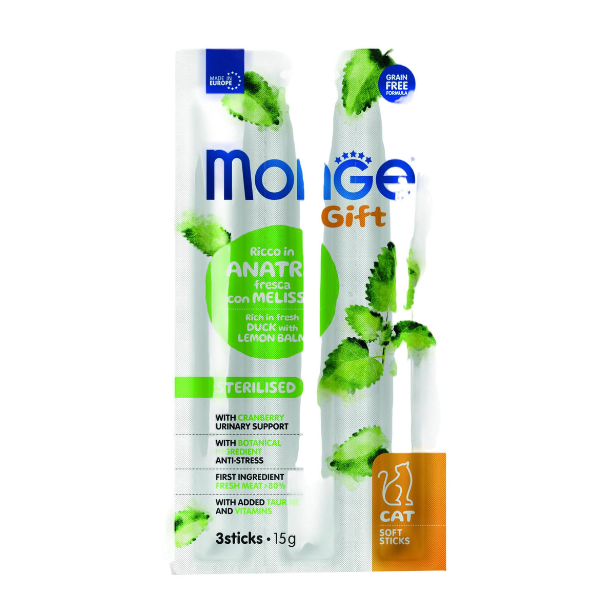 Monge cat soft sticks gift sterilised ricco in anatra fresca con melissa e mirtilli rossi 15 g