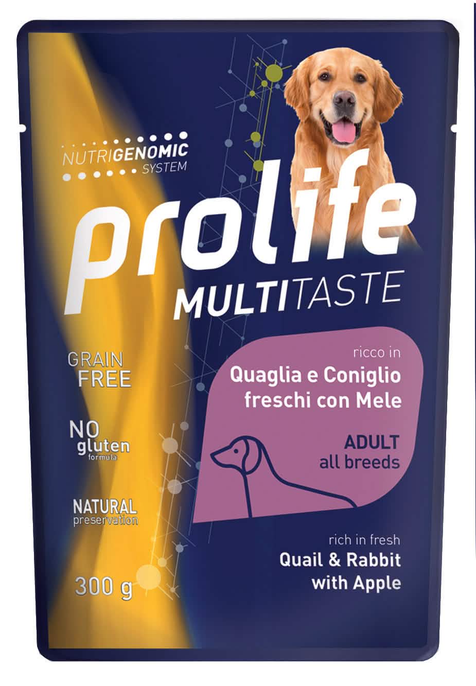 PROLIFE CANE MULTITASTE ADULTO QUAGLIA, CONIGLIO & MELA BUSTA 300 GR