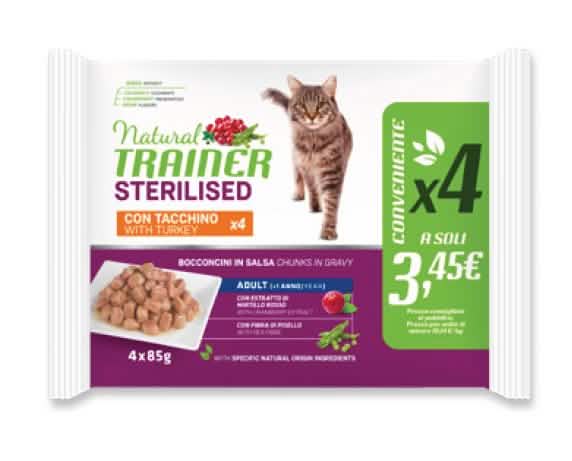 Trainer Gatto Natural Adulto Sterilizzato Tacchino Flowpack (4x85g)