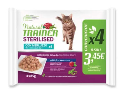 Trainer Gatto Natural Adulti Sterilizzati Merluzzo Flowpack 4x85g