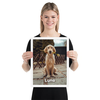 Poster personalizzato con la foto del tuo animale e il nome, cornice bianca 30x40 cm