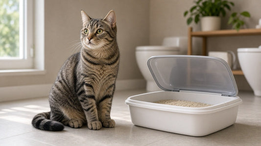 Gatto domestico accanto alla lettiera, atmosfera calma, tema salute urinaria felina