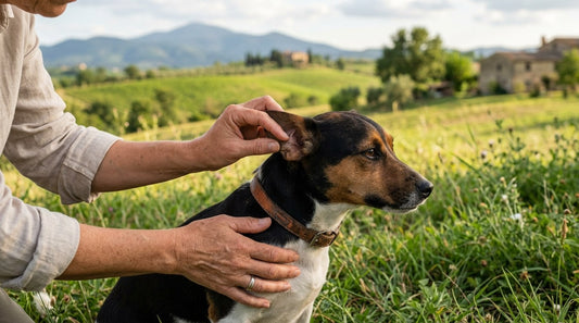 Controllo del mantello del cane per zecche dopo una passeggiata
