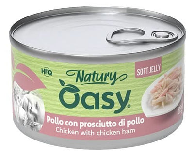 Oasy wet cat natury soft jelly pollo con prosciutto di pollo lattina 150 g
