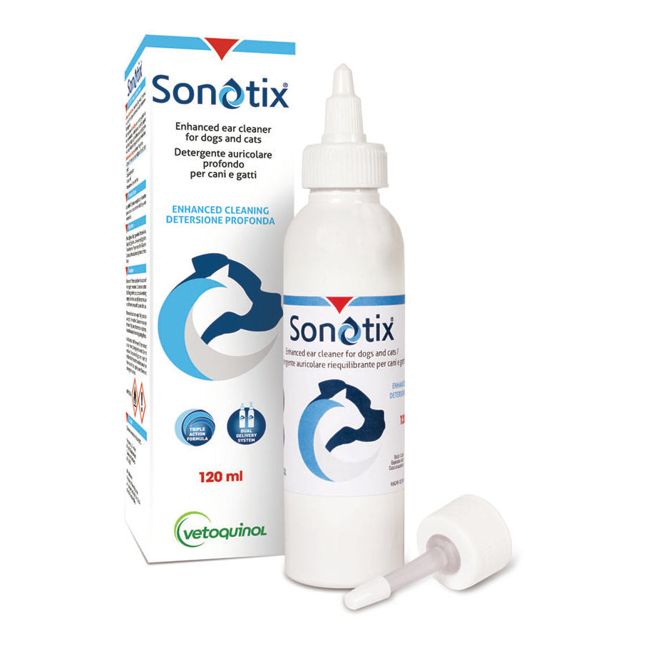 Sonotix detergente auricolare profondo cani e gatti 120 ml + cannula corta rigida + cannula lunga flessibile - Scodinzolando