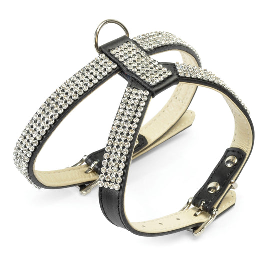 Guinzaglio + pettorina in pelle con strass black 1
