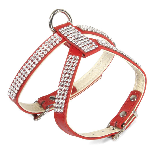 Guinzaglio + pettorina in pelle con strass red 1
