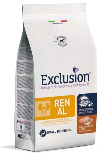 Exclusion monoprotein veterinary diet formula dog renal pork & sorghum and rice small 2 kg dry