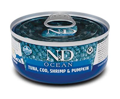 N&D Ocean Tonno, Merluzzo, Gamberetto e Zucca per Gatti Adulti 80 g