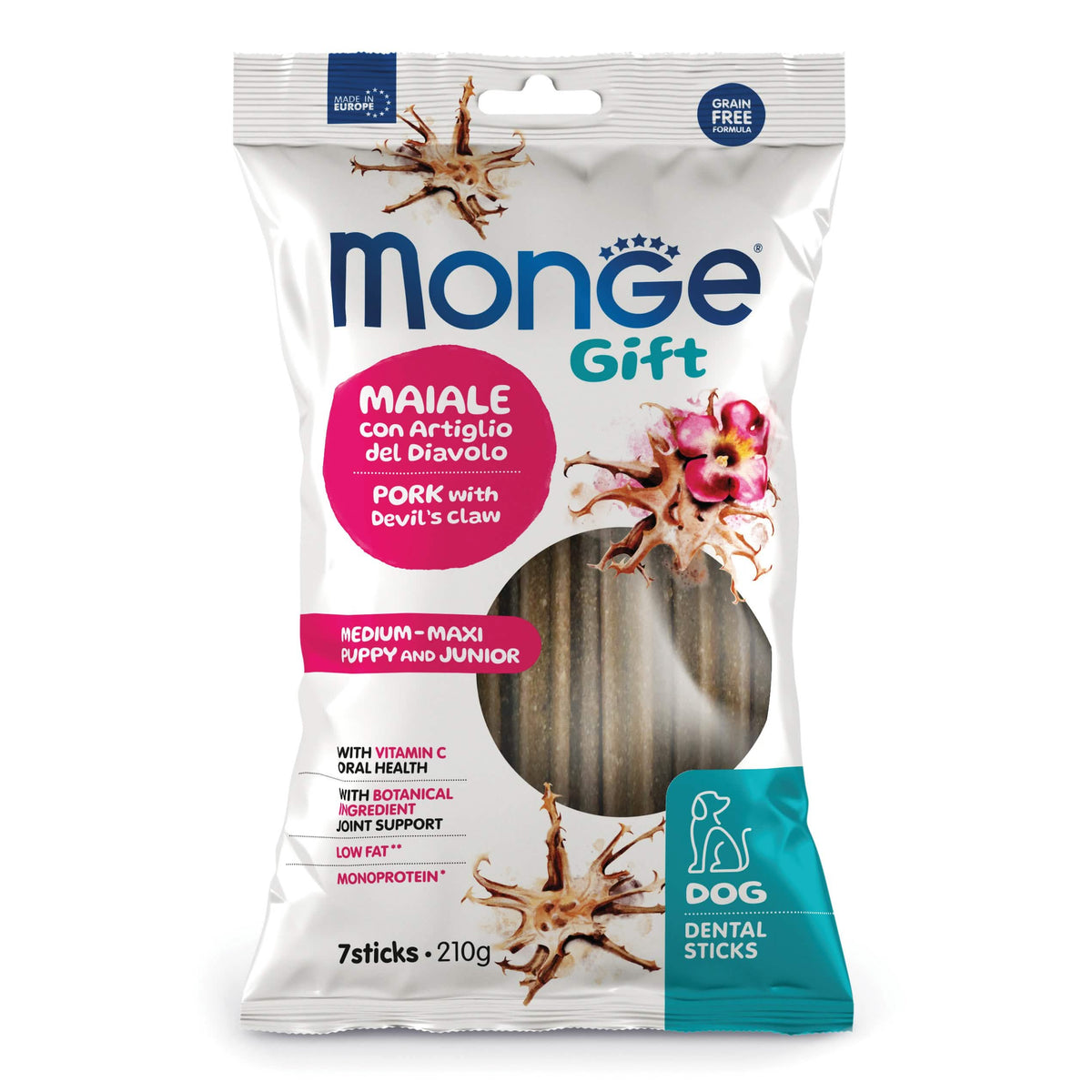 Monge dog dental sticks gift puppy and junior medium-maxi maiale con artiglio del diavolo 210 g