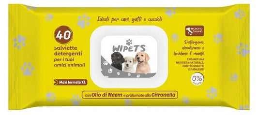 Wipets Salviettine Detergenti per Animali con Olio di Neem e Citronella - 40 Pezzi
