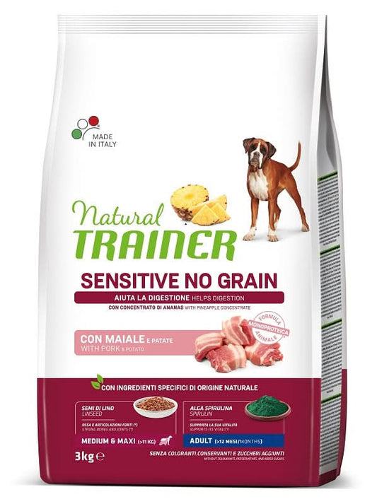 Natural trainer dog sensitive medium/maxi maiale 3 kg no grain