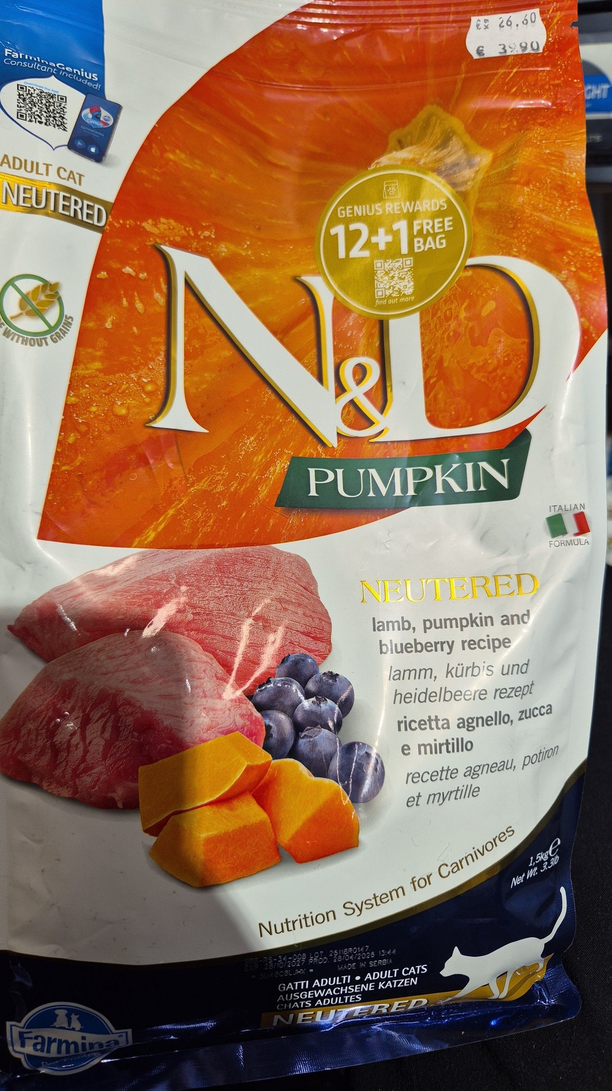 N&d pumpkin cat agnello e mirtillo ad neutered 1,5 kg