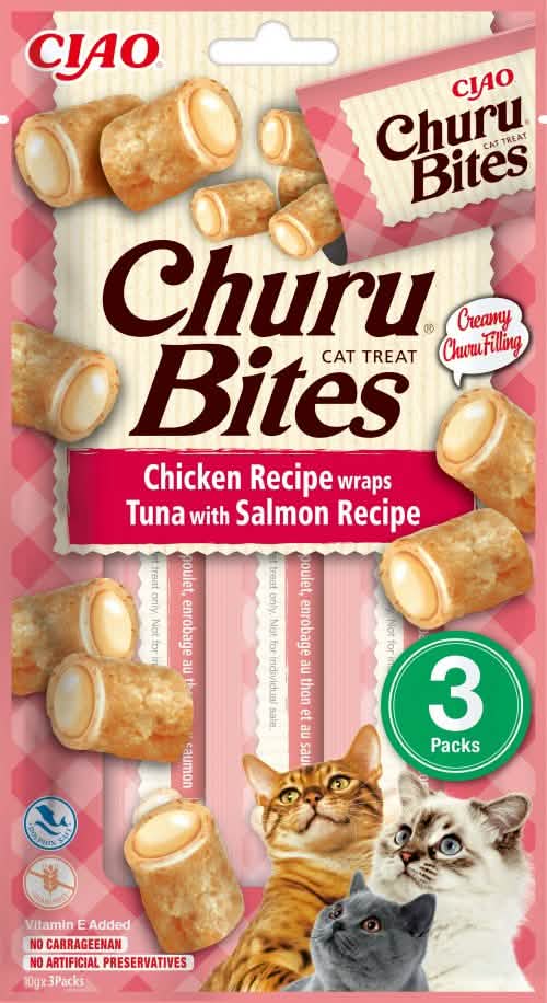 INABA GATTO SNACK CHURU BITES CF. (3 PEZZI) RICETTA DI POLLO, TONNO & SALMONE
