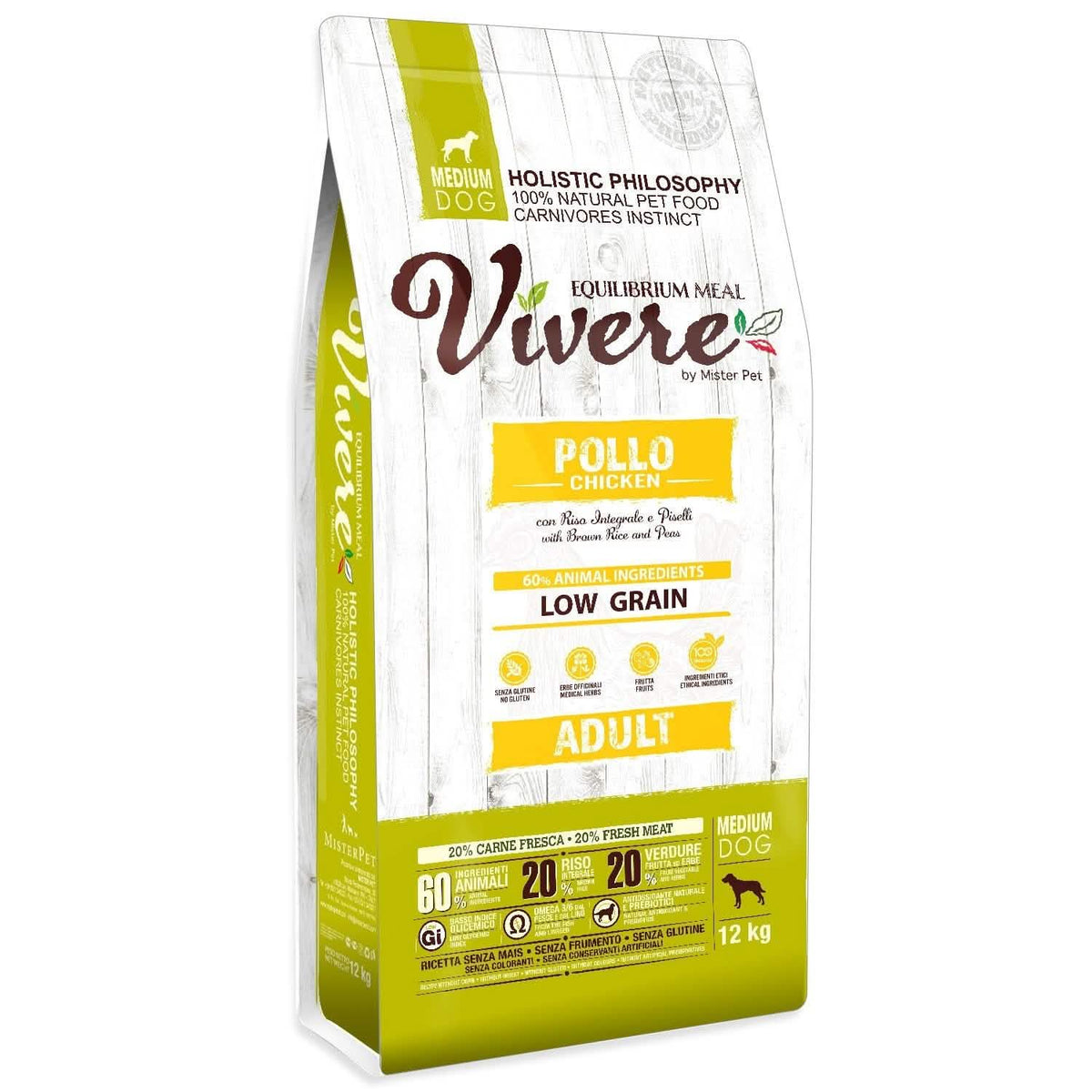 VIVERE CANE ADULTO MEDIUM POLLO, RISO INTEGRALE & PISELLI 12 KG