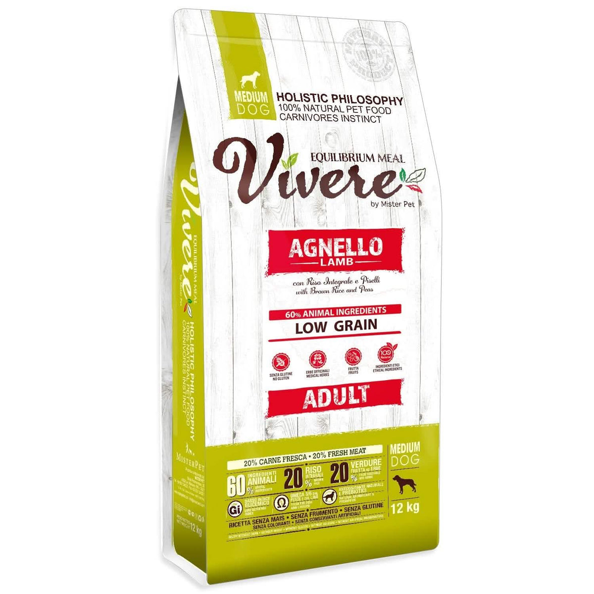 VIVERE CANE ADULTO MEDIUM AGNELLO, RISO INTEGRALE & PISELLI 12 KG