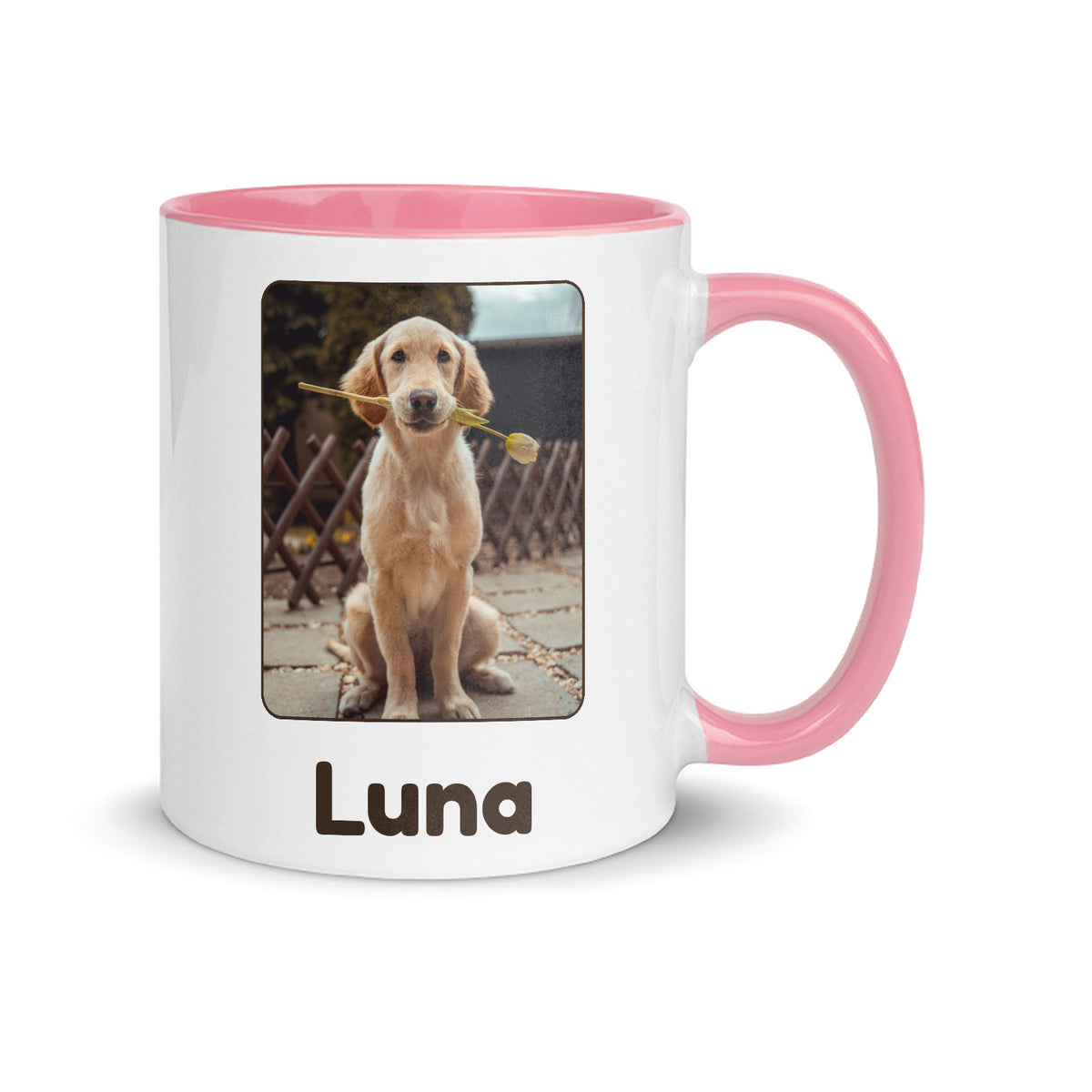 Tazza personalizzata con la foto del tuo animale e il nome, interno rosa