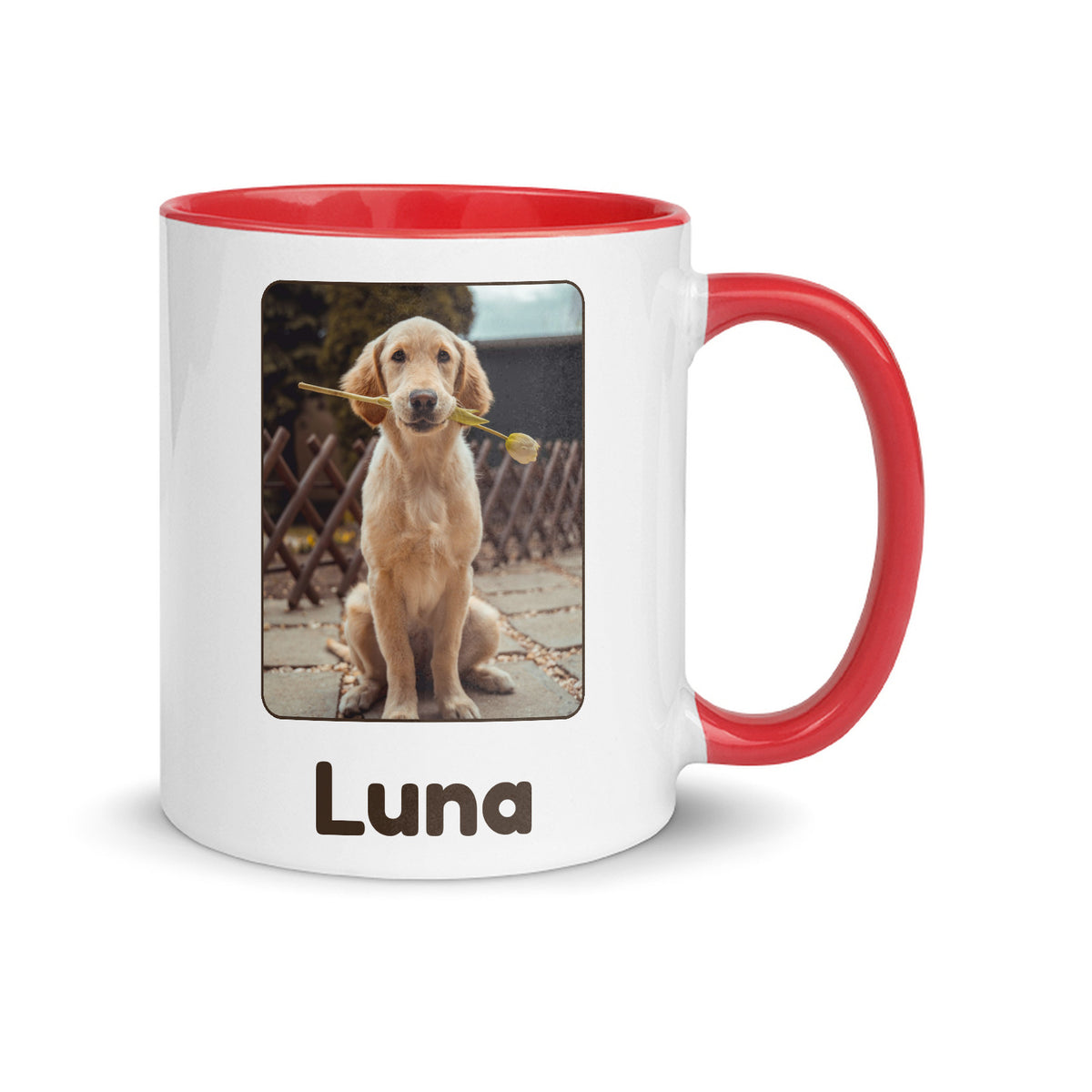 Tazza personalizzata con la foto del tuo animale e il nome, interno rosso